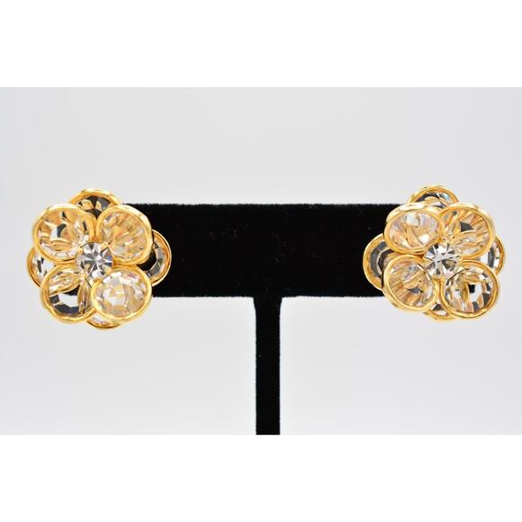 Vintage Crystal Flower Earrings Open Bezel Gold Rhinestone Sparkling Shiny BinAI - Picture 1 of 12